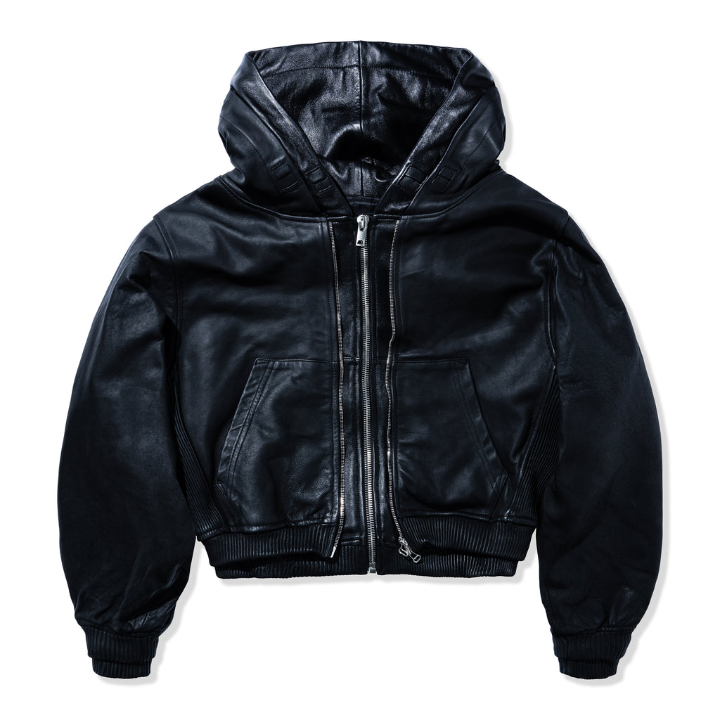 DOUBLE LAYERED LEATHER HOODIE BLACK