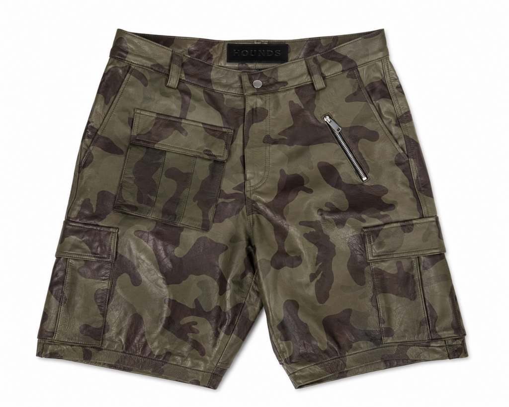 CAMO LEATHER CARGO SHORTS
