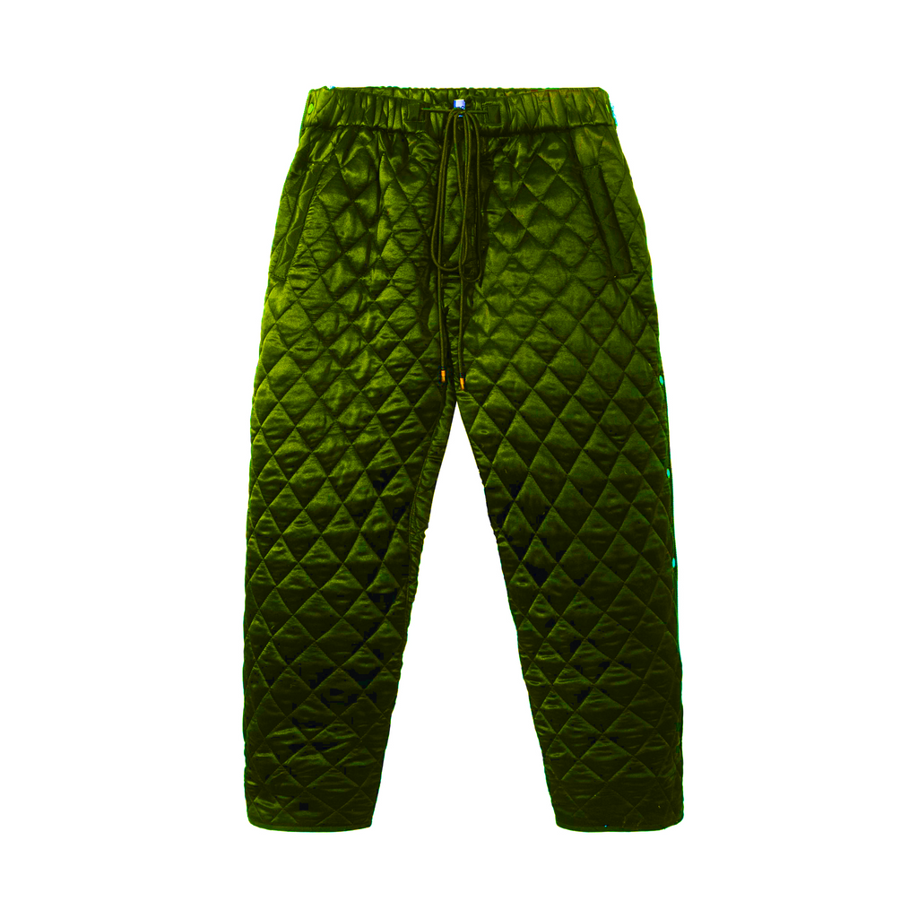 QUILTED SILK ZIP AWAY PANTS - OLIVE