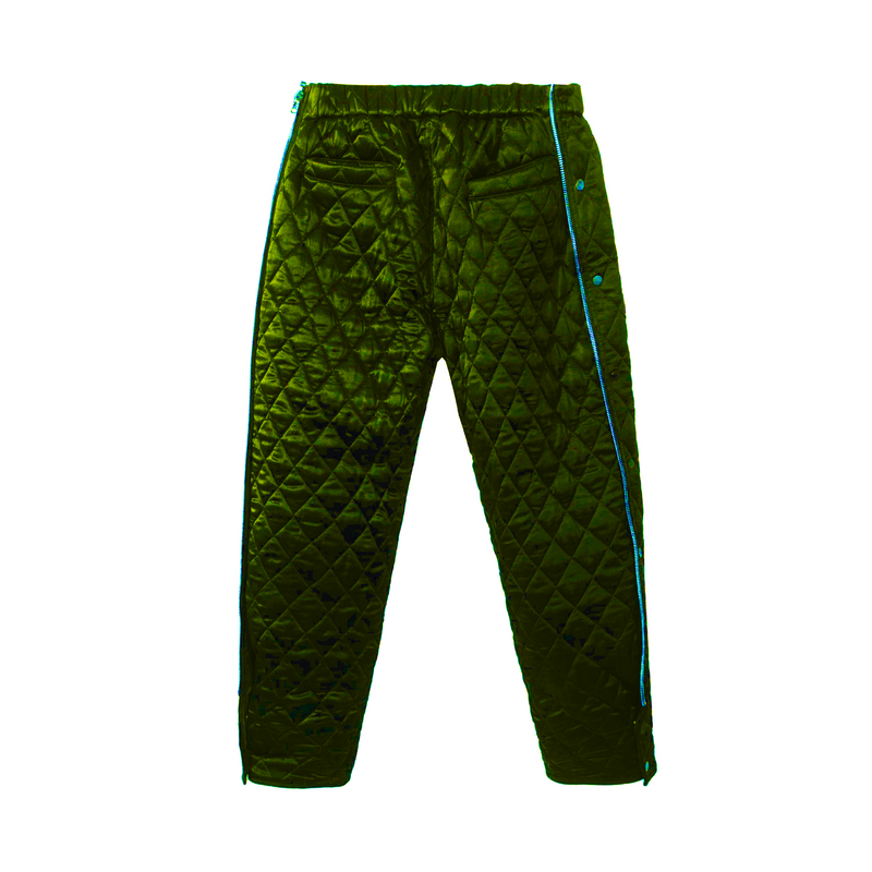 QUILTED SILK ZIP AWAY PANTS - OLIVE